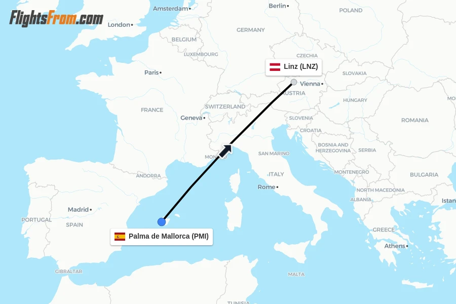 Flights from Palma de Mallorca to Linz route map