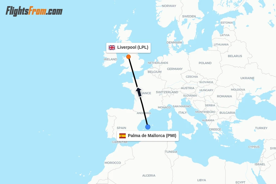 Flights from Palma de Mallorca to Liverpool route map