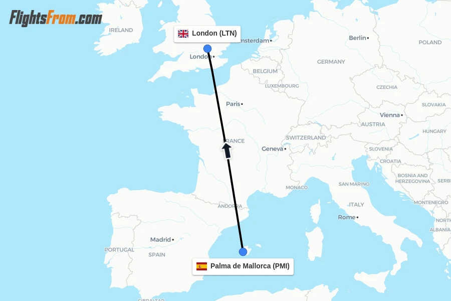 Flights from Palma de Mallorca to London route map