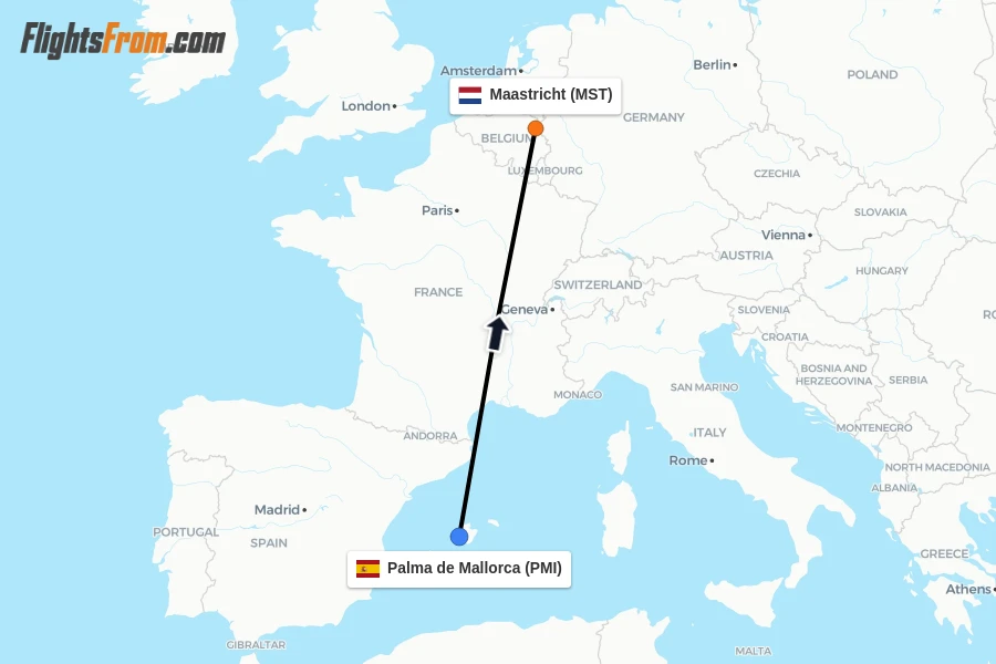 Flights from Palma de Mallorca to Maastricht route map