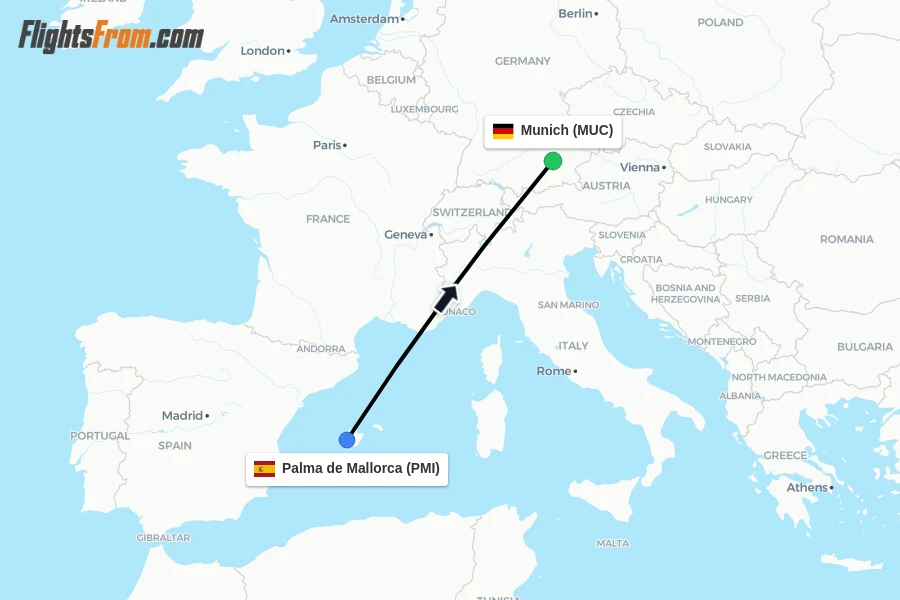 Flights from Palma de Mallorca to Munich route map