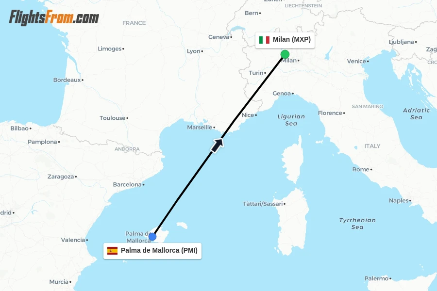 Flights from Palma de Mallorca to Milan route map