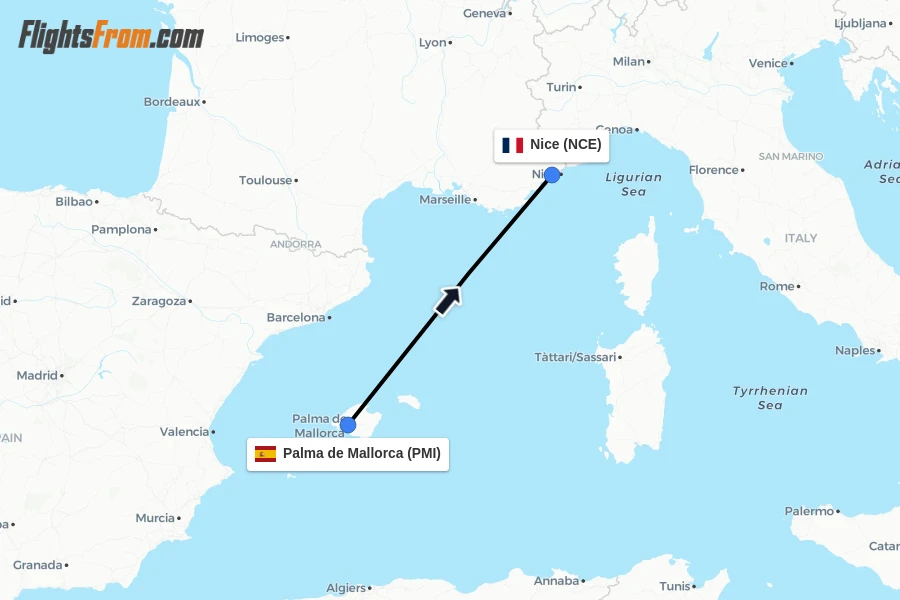 Flights from Palma de Mallorca to Nice route map