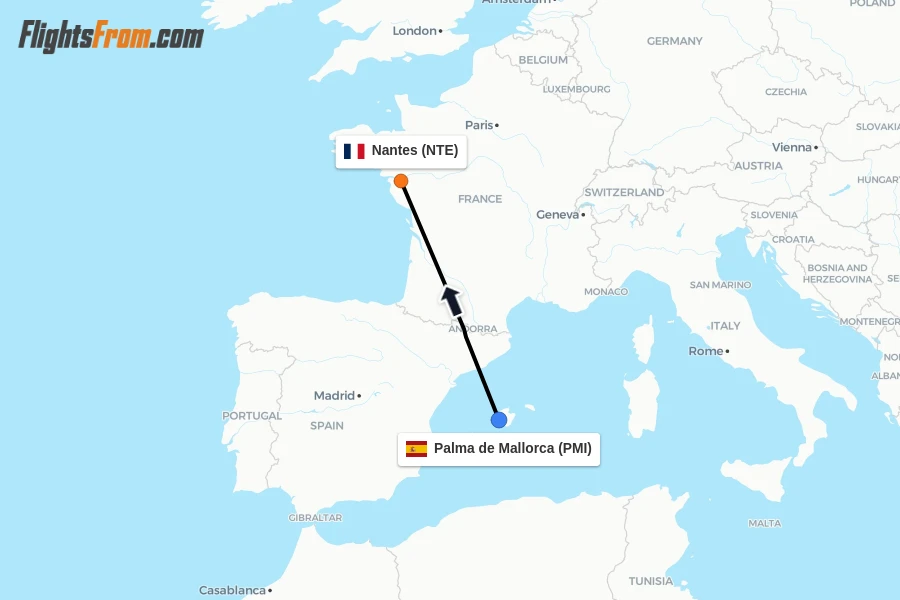 Flights from Palma de Mallorca to Nantes route map