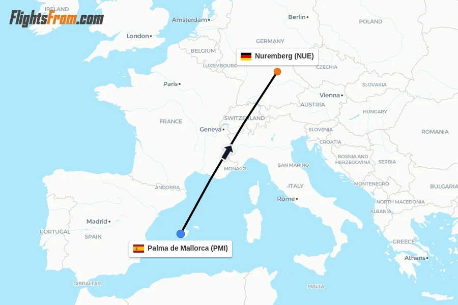 Flights from Palma de Mallorca to Nuremberg route map