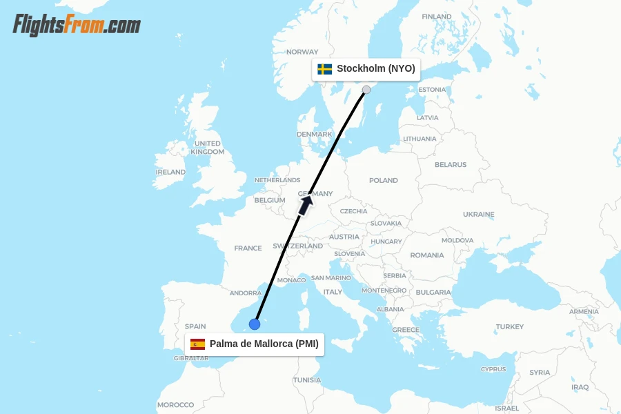 Flights from Palma de Mallorca to Stockholm route map