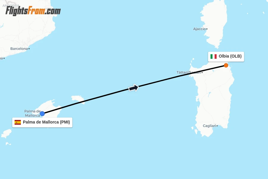 Flights from Palma de Mallorca to Olbia route map