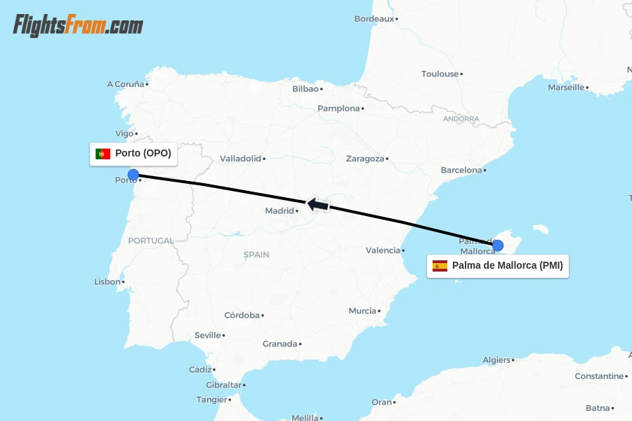 Flights from Palma de Mallorca to Porto route map
