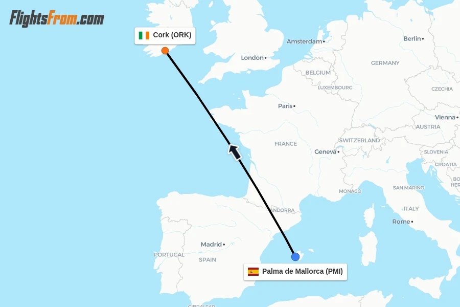 Flights from Palma de Mallorca to Cork route map