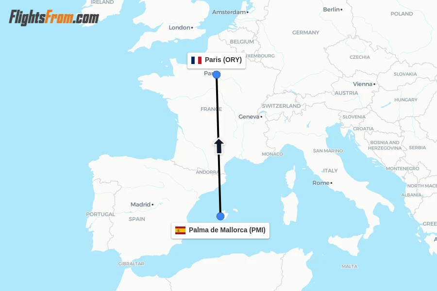 Flights from Palma de Mallorca to Paris route map