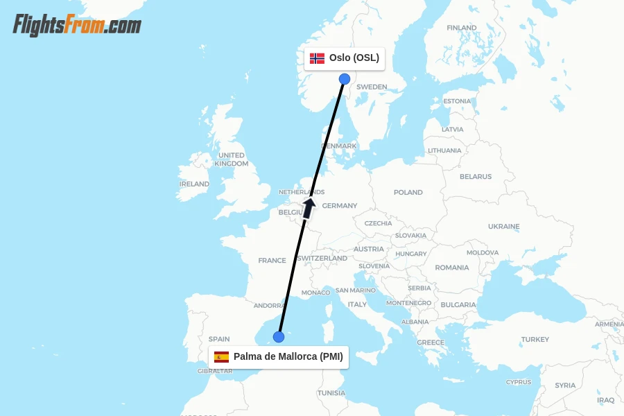 Flights from Palma de Mallorca to Oslo route map