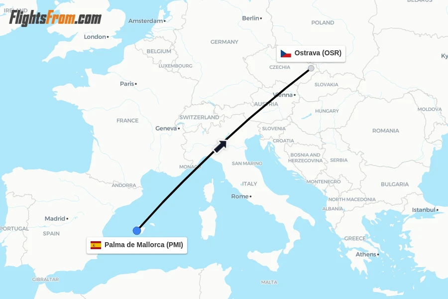 Flights from Palma de Mallorca to Ostrava route map
