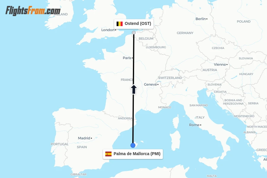 Flights from Palma de Mallorca to Ostend route map