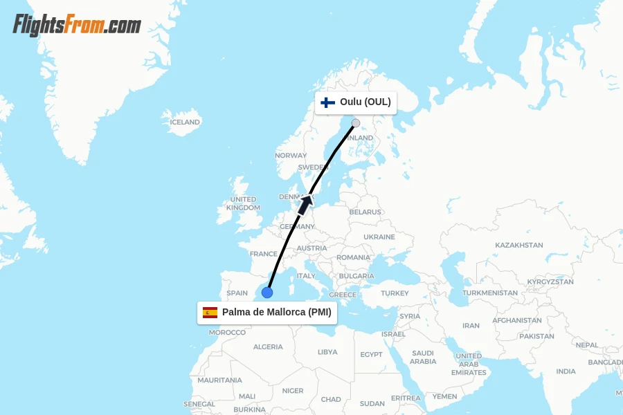 Flights from Palma de Mallorca to Oulu route map