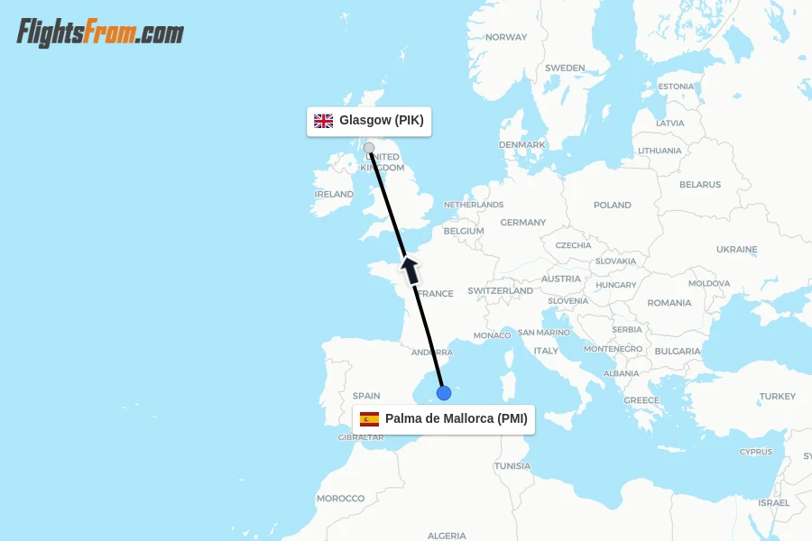 Flights from Palma de Mallorca to Glasgow route map