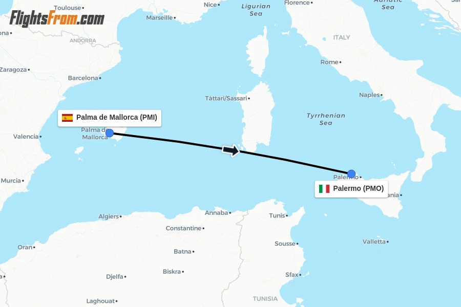 Flights from Palma de Mallorca to Palermo route map