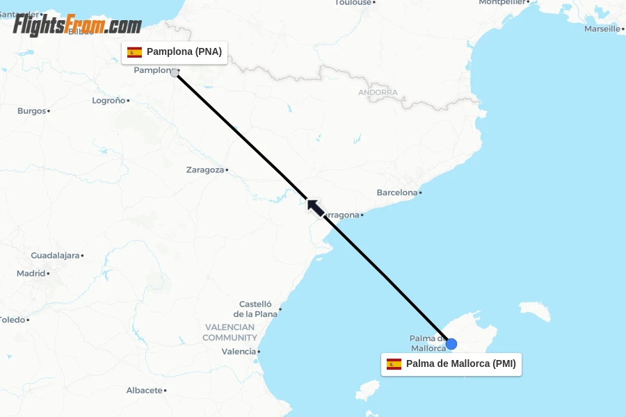 Flights from Palma de Mallorca to Pamplona route map