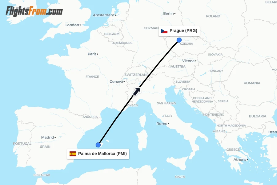 Flights from Palma de Mallorca to Prague route map