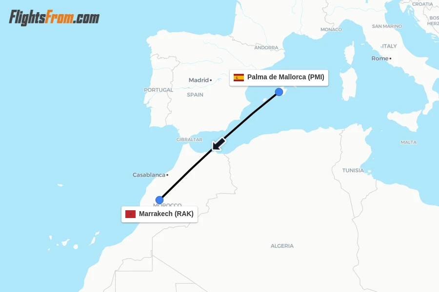 Flights from Palma de Mallorca to Marrakech route map