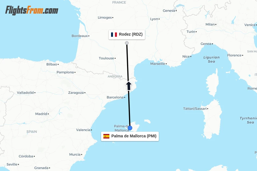 Flights from Palma de Mallorca to Rodez route map