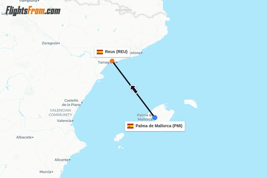 Flights from Palma de Mallorca to Reus route map