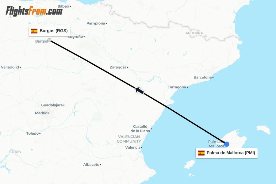 Flights from Palma de Mallorca to Burgos route map