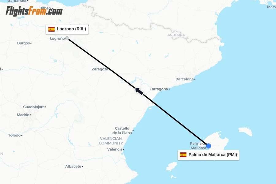 Flights from Palma de Mallorca to Logrono route map