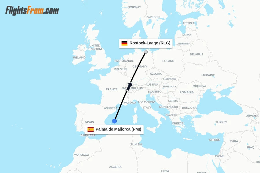 Flights from Palma de Mallorca to Rostock-Laage route map