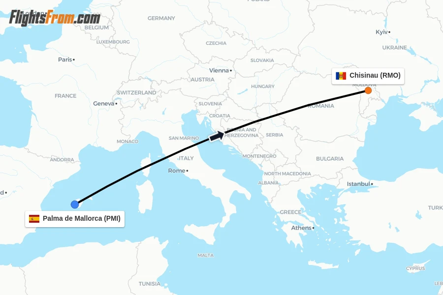 Flights from Palma de Mallorca to Chisinau route map
