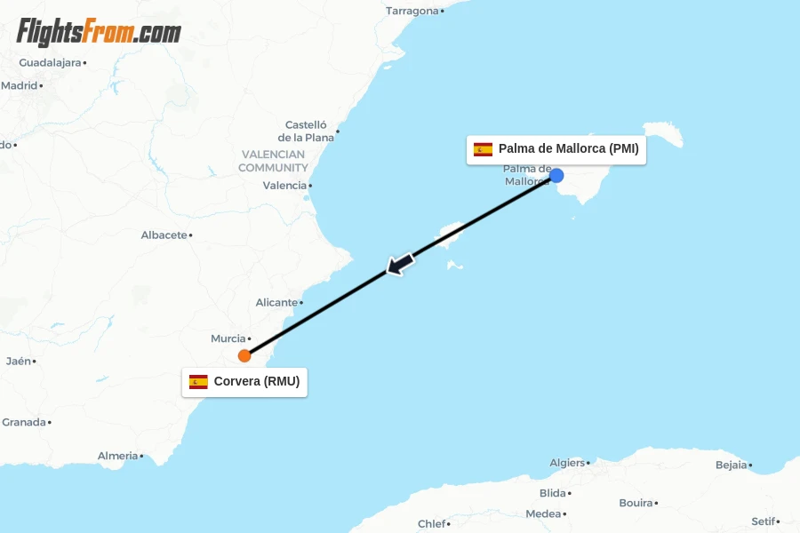 Flights from Palma de Mallorca to Corvera route map
