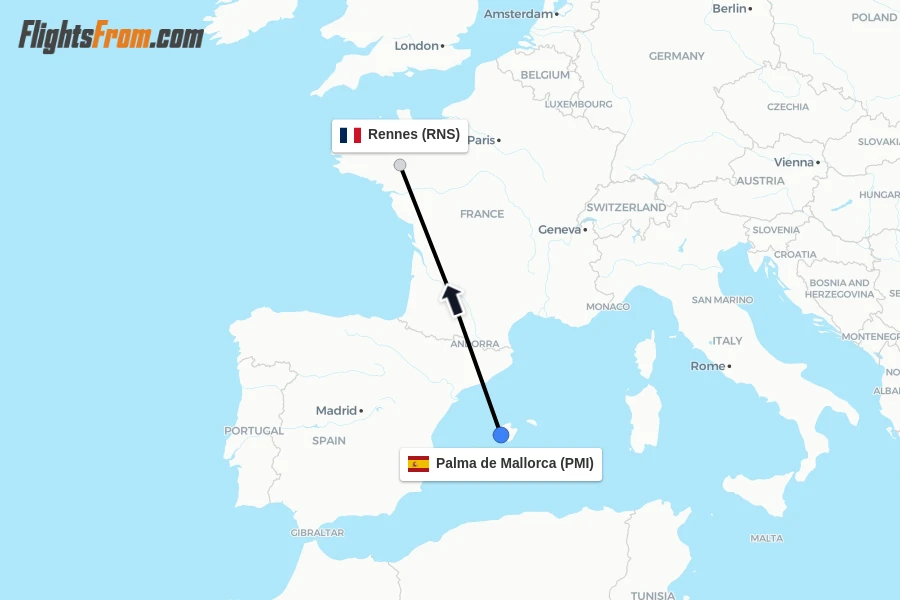 Flights from Palma de Mallorca to Rennes route map