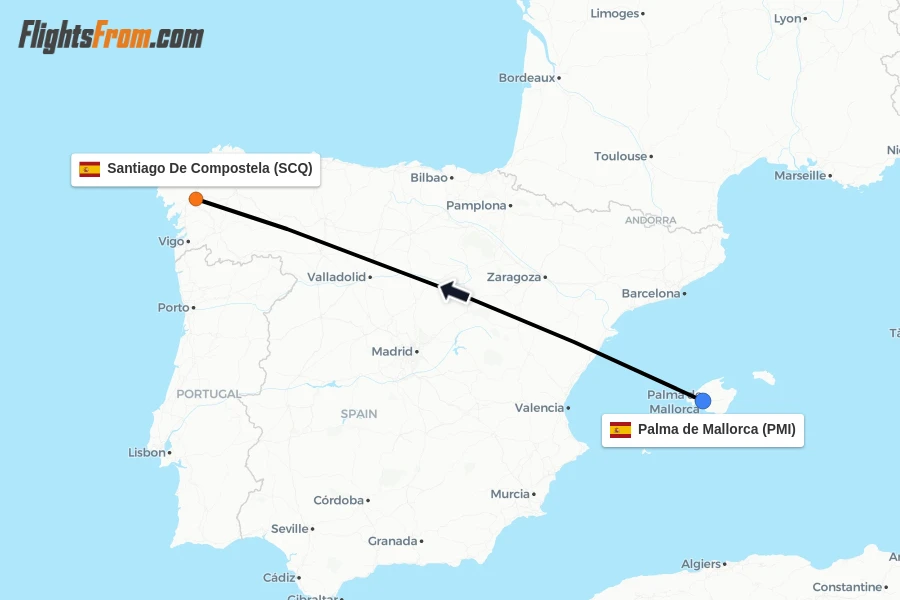 Flights from Palma de Mallorca to Santiago De Compostela route map