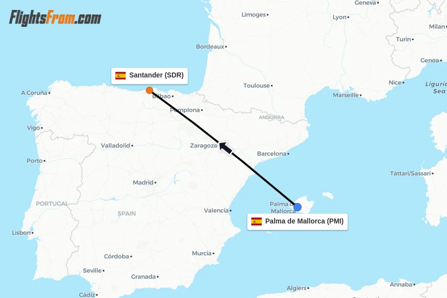 Flights from Palma de Mallorca to Santander route map