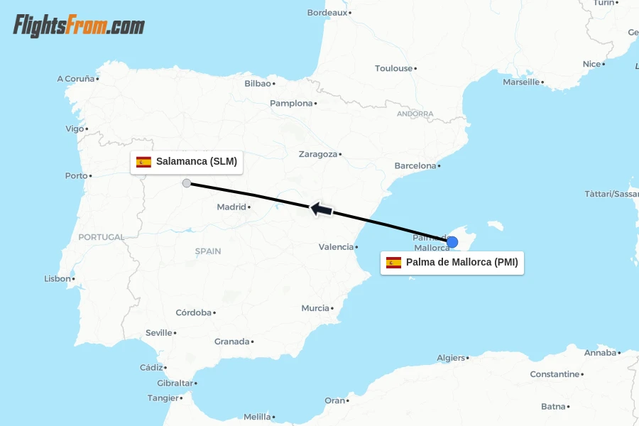Flights from Palma de Mallorca to Salamanca route map