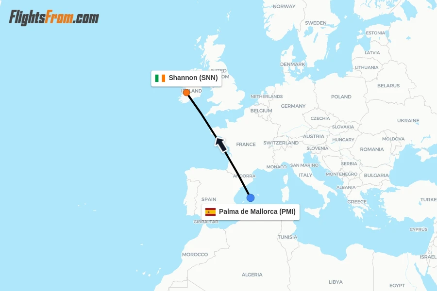 Flights from Palma de Mallorca to Shannon route map