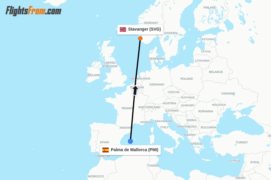 Flights from Palma de Mallorca to Stavanger route map