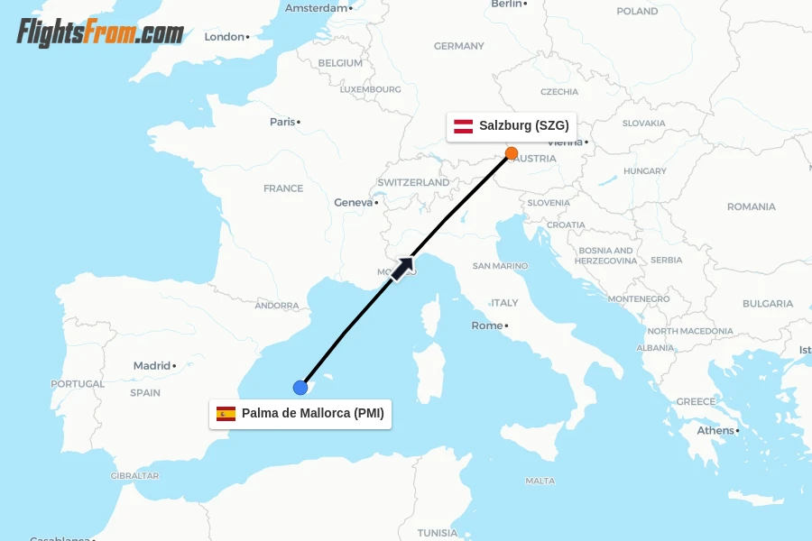 Flights from Palma de Mallorca to Salzburg route map