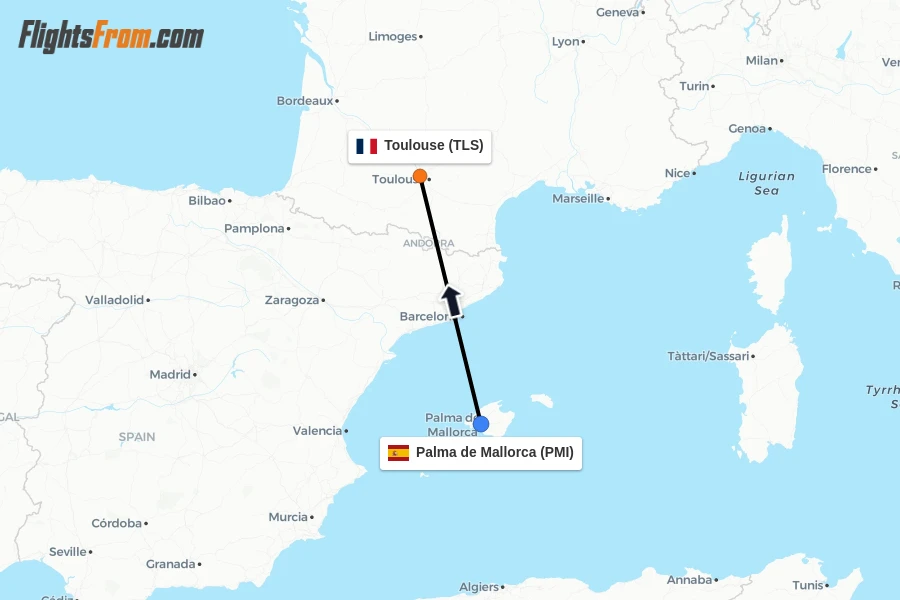 Flights from Palma de Mallorca to Toulouse route map