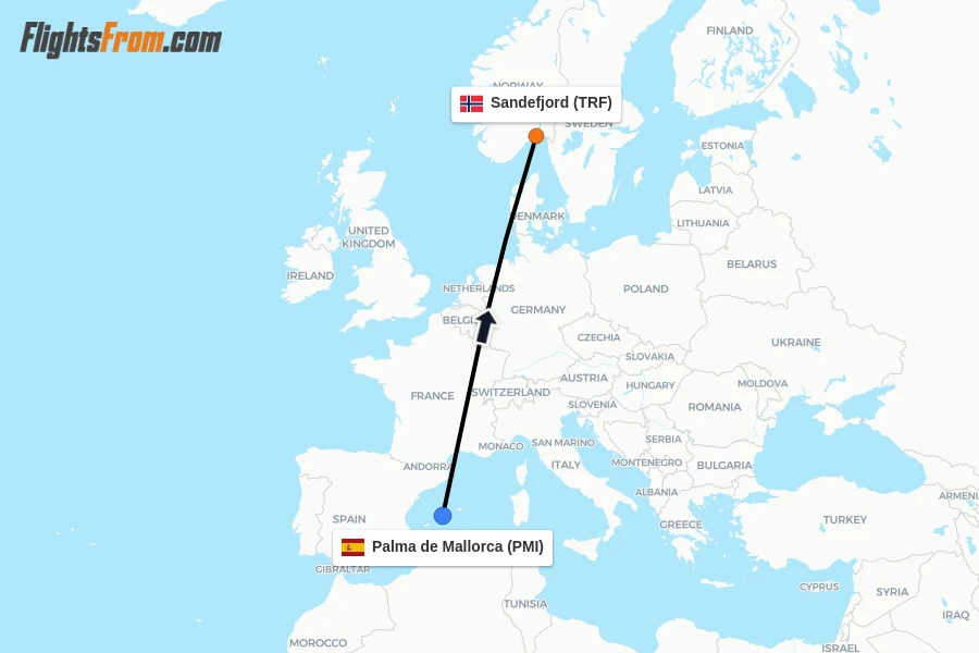Flights from Palma de Mallorca to Sandefjord route map