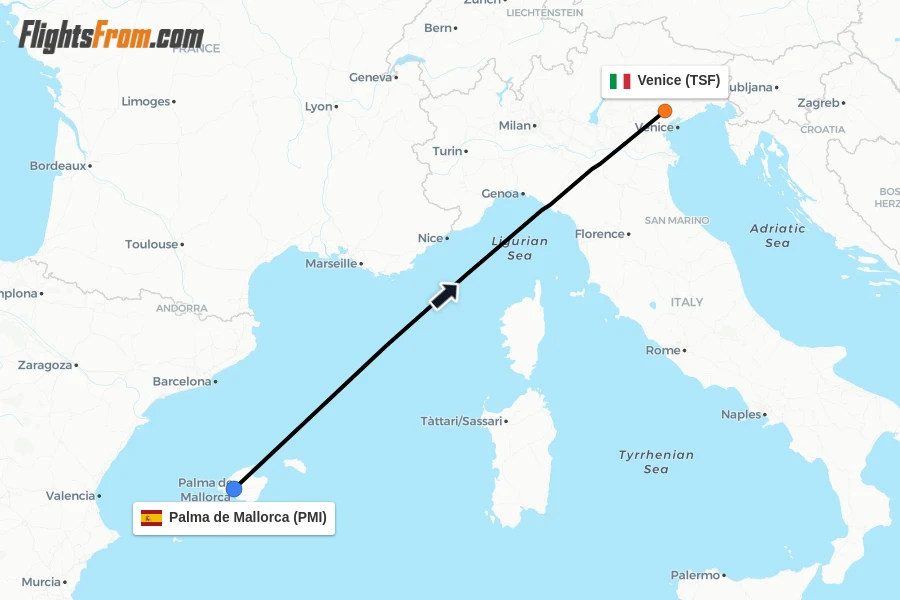 Flights from Palma de Mallorca to Venice route map