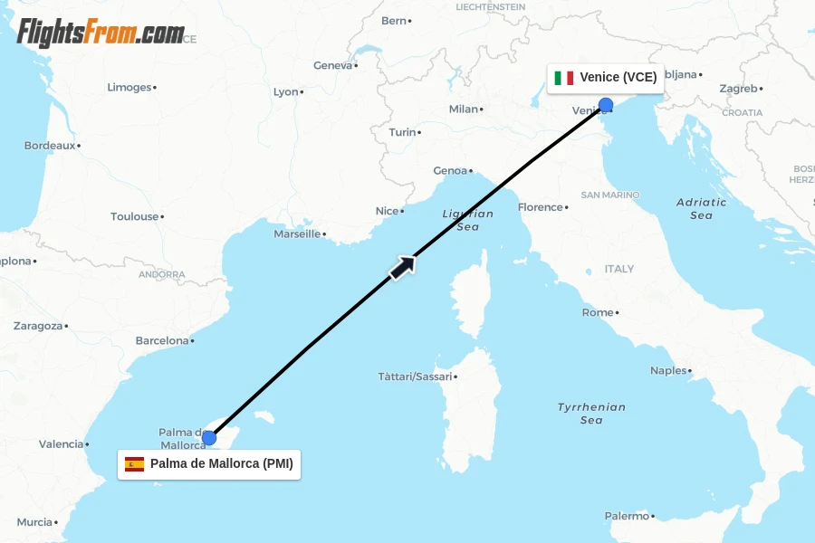 Flights from Palma de Mallorca to Venice route map