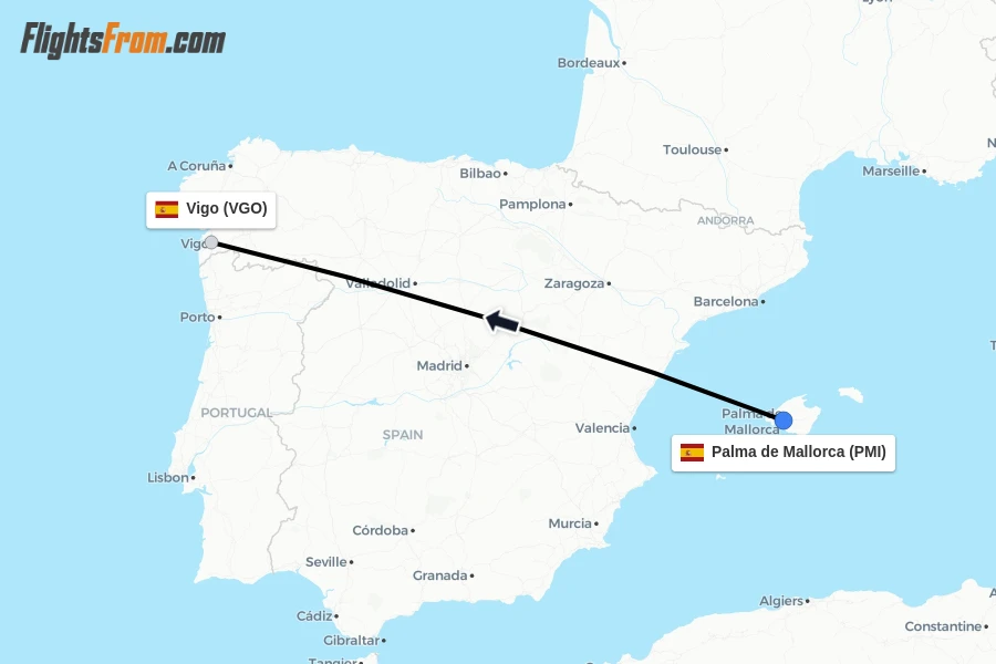 Flights from Palma de Mallorca to Vigo route map