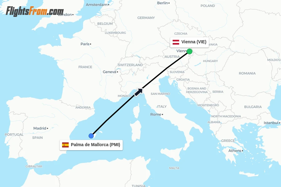 Flights from Palma de Mallorca to Vienna route map