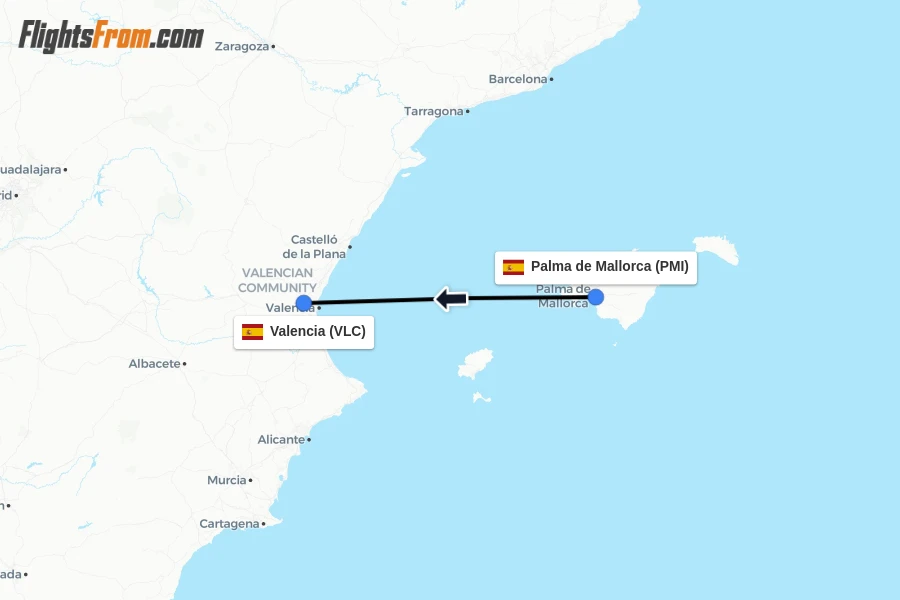 Flights from Palma de Mallorca to Valencia route map