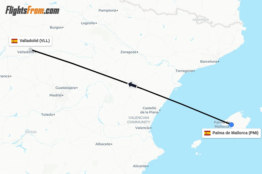 Flights from Palma de Mallorca to Valladolid route map