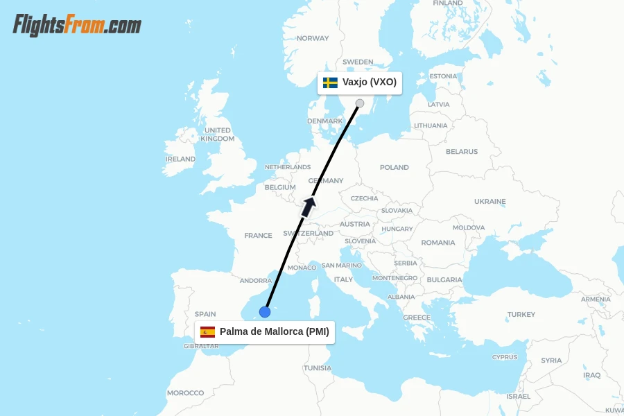 Flights from Palma de Mallorca to Vaxjo route map