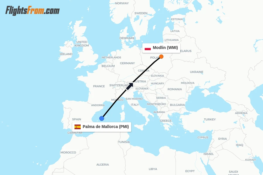 Flights from Palma de Mallorca to Modlin route map