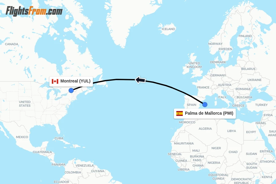 Flights from Palma de Mallorca to Montreal route map