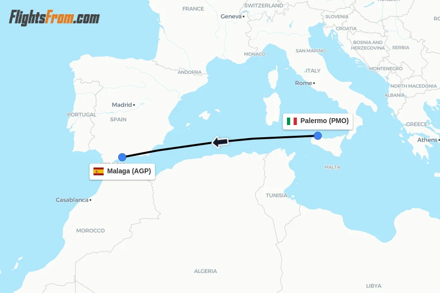 Flights from Palermo to Malaga route map