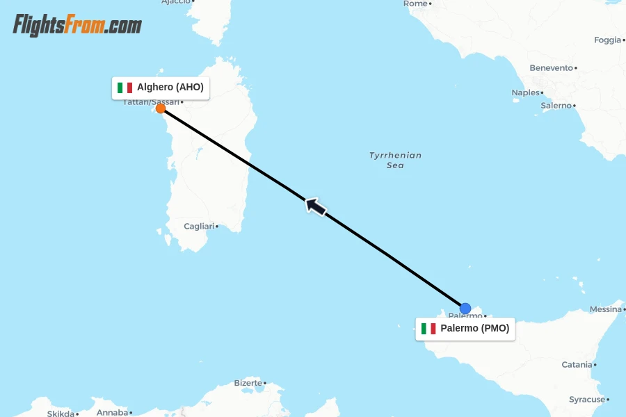 Flights from Palermo to Alghero route map